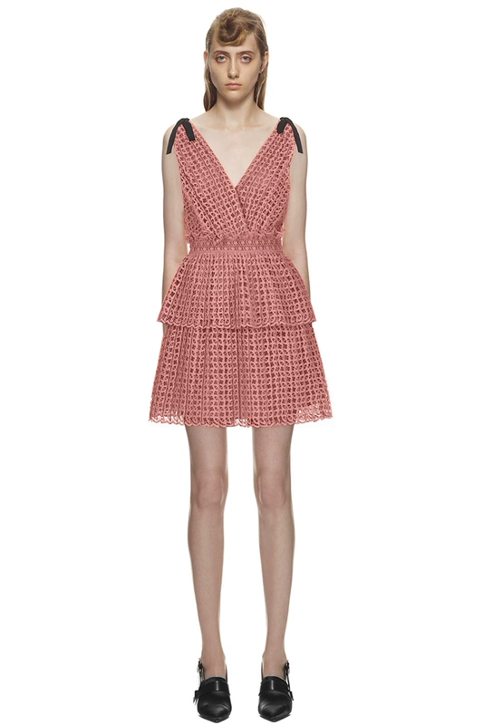 2938 # Thời trang mới mùa hè ren mỏng rỗng eo cao cổ chữ V Dây đeo ren cho phụ nữ Váy ngắn - Váy eo cao
