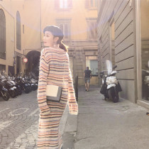 Xiaoxiang Wind new contrast striped skirt super fairy long skirt thin and feminine knitted bottoming dress autumn