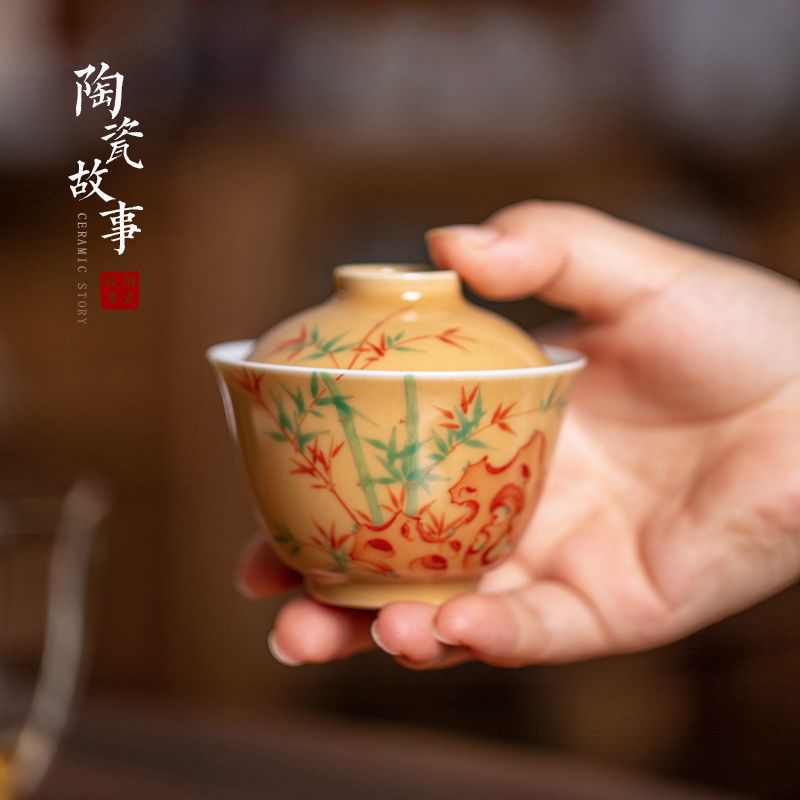 High - end checking hand - made ceramic story town tureen only three tureen single apricot yellow glazed bamboo tureen bouldering