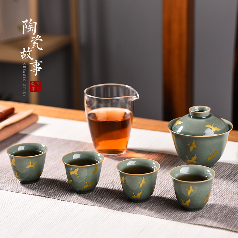 Ceramic story kung fu tea set suit small household set of tea cups high - grade office receive a visitor Ceramic tureen gift box
