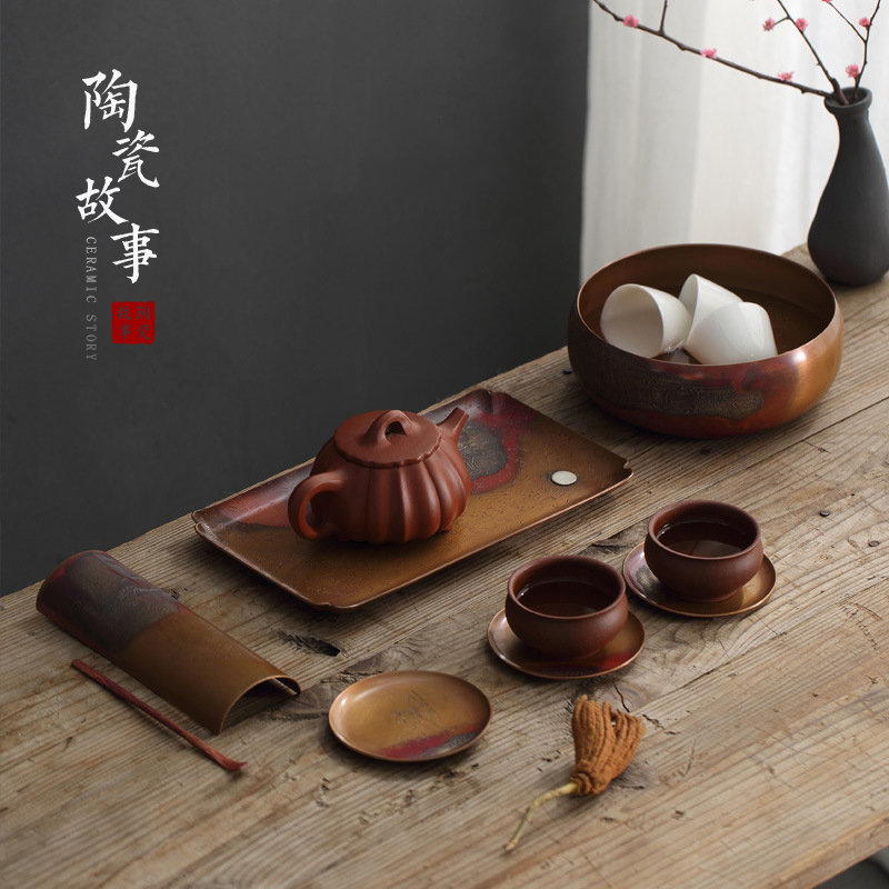 Ceramic story of pure copper mine loader silver cup mat checking retro zen Japanese cup insulation pad kung fu tea accessories