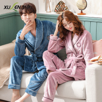 Coral velvet couple pajamas women autumn and winter thick long bathrobe men warm plus size nightgown plus pants two-piece set