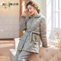 Mom pajamas womens winter thick cotton three-layer cotton jacket warm long set autumn and winter plus size homewear