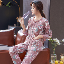 Middle-aged and elderly pajamas ladies spring and autumn cotton long sleeves cotton autumn and winter thin plus size mom home wear set