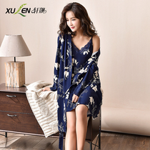 Nightdress female spring and autumn sexy long sleeve pajamas cotton suspender lace nightgown size autumn and winter robe two-piece set