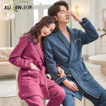 Couples pajamas women spring and autumn long sleeves cotton padded air cotton sandwich nightgown set autumn and winter thin home clothes men