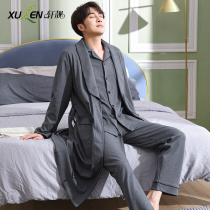 Pajamas men winter long sleeves cotton youth warm plus size spring and autumn long bathrobe nightgown home wear three-piece set