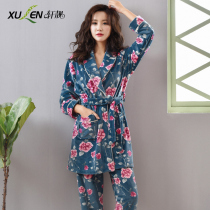 Pajamas Ladies Autumn and Winter Long Thickened Warm Sea Velvet Large Size Thin Coral Fleece Nightgown Home Wear Set
