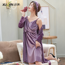 Spring and autumn gold velvet nightgown womens suspender pajamas three-piece set autumn and winter thin sexy morning gown plus size bathrobe nightgown
