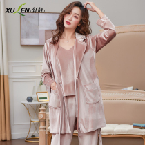 Gold velvet pajamas women spring and autumn thin long sleeves small fragrance pajamas sexy suspenders three pieces of housecloths