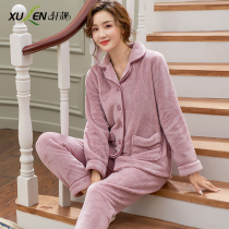 Pajamas women autumn winter coral velvet thickened plus fleece warm plus size can go out winter flannel home wear set