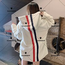 Thom Browne 21 autumn winter TB Lamb hair coat three-color webbing for men and women couples hooded coat