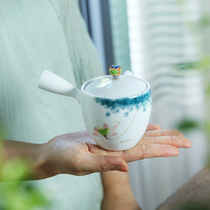 Hand-painted lotus ceramic teapot household sweet white porcelain small teapot single pot kung fu tea set handle side to order the pot