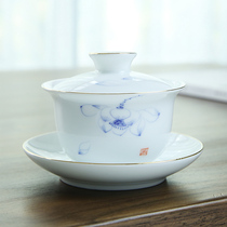 Cover Bowl Tea Cup Handpainted Gold Three Talents Bowl High White Porcelain Tea Maker Home Ceramic Kung Fu Bubble Tea Bowl Thickened Anti-Burn