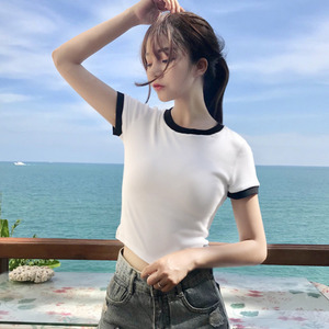 t恤女夏韩范圆领短袖修身显瘦紧身弹力简约超短款露脐漏肚脐上衣