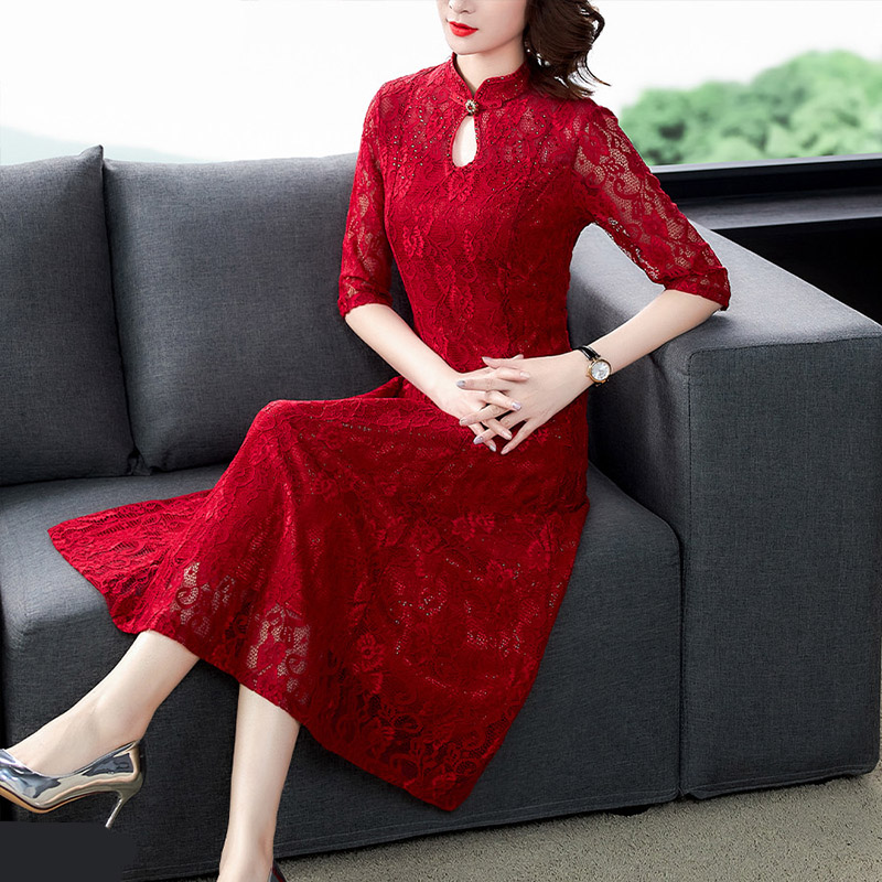 2021 new fashion trend women's cheongsam modified lace red high-end dress big summer dress