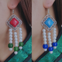 Ethnic style earrings silver needle inlaid agate Mongolian earrings dance performance accessories handmade beaded new Mongolian earrings