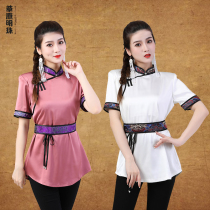 National style clothing womens half sleeve new Mongolian element simulation silk base shirt summer Mongolian short sleeve daily wear