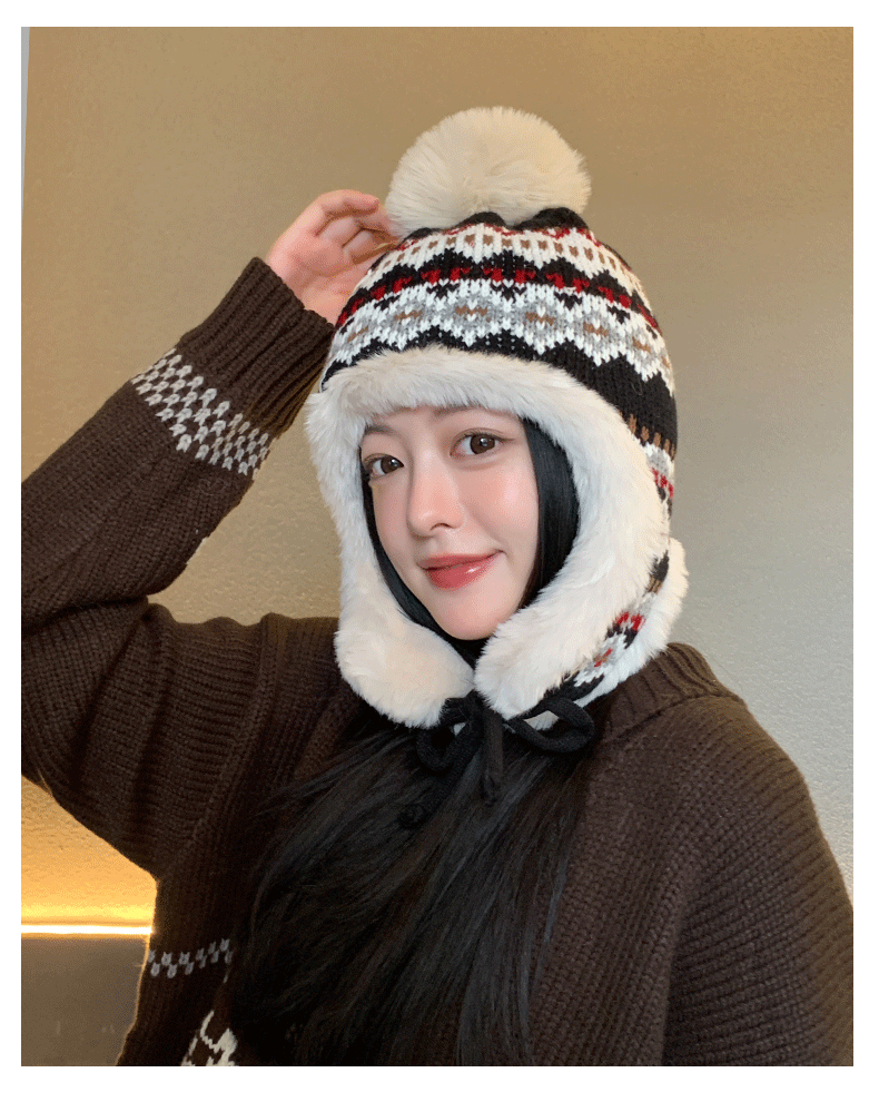 红色毛线帽女秋冬季护耳保暖加绒加厚套头防寒毛球针织冷雷锋帽子