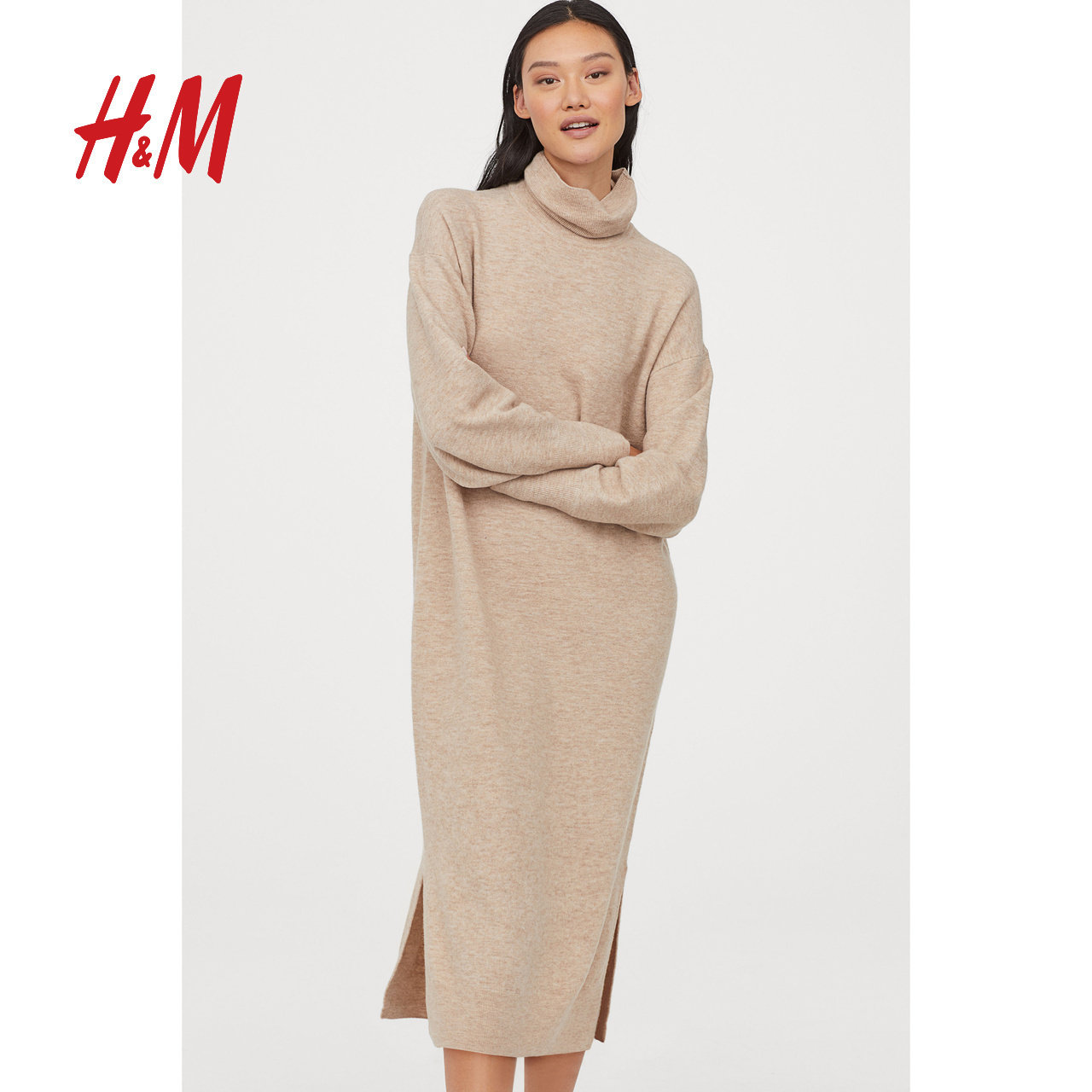 hm 女装裙子2020秋冬新款长裙潮牌气质羊毛中长款连衣裙女0795684