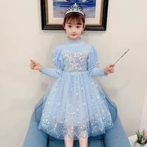 Girls Autumn Winter Elsa Knitted Dress Medium Big Kids Sequins Elsa Princess Dress Ice Snow Frosted Sweater Dress