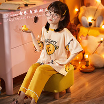 Hong Kong Childrens pajamas Girls summer pure cotton short-sleeved trousers thin section Childrens spring and Autumn home wear set