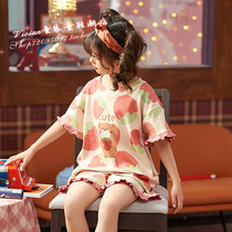 Hong Kong Girls Pajamas summer cotton thin short-sleeved medium and large virgin girl cartoon suit Childrens home clothes