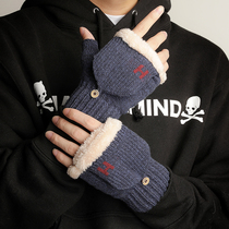 Gloves mens winter warm and cold students Korean version of the tide plus velvet thickened cotton wool line half open finger half finger winter