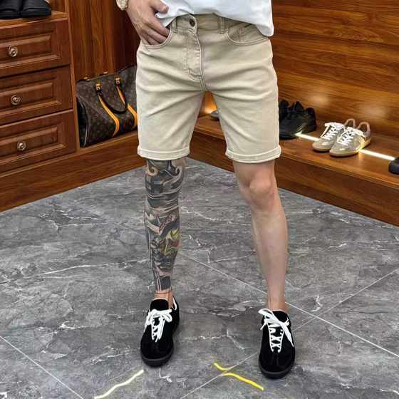 Khaki denim shorts men's slim and straight 2024 summer new simple and versatile solid color casual five-point pants Khaki denim shorts men's slim and straight 2024 summer new simple and versatile solid color casual five-point pants