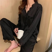 2021 new premium feel pajamas women Summer thin lace long sleeve V collar silk home clothing sexy spring and autumn