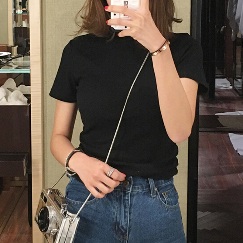 images 3:Early autumn new short-sleeved t-shirt girl 2022 Korean version half-high-collar body tender pure cotton T hundred top-hit bottom shirt images 3:Early autumn new short-sleeved t-shirt girl 2022 Korean version half-high-collar body tender pure cotton T hundred top-hit bottom shirt