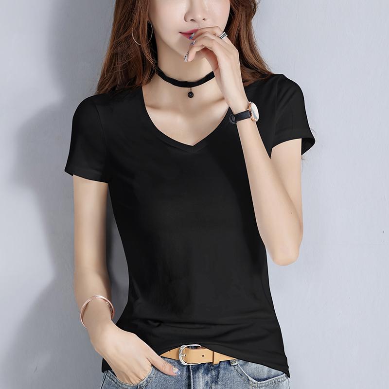images 1:Pure cotton black t-shirt girl summer short-sleeved V-sharp tights 2022 chicken heart-take half-sleeved T-shirt thin body images 1:Pure cotton black t-shirt girl summer short-sleeved V-sharp tights 2022 chicken heart-take half-sleeved T-shirt thin body