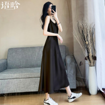 Suspender dress black dress spring and autumn chiffon temperament skirt long suit two-piece set early autumn suspender dress dress women