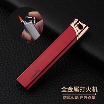 New Full Metal Ultra-thin Strip Creative Personality Inflatable Windproof Lighter Outdoor Windproof Point Smoke Red Flame Man