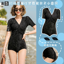 Lidai swimsuit womens one-piece short-sleeved conservative fashion thin sexy backless cross Korean Xiaoxiang style hot spring swimsuit