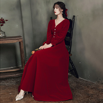 Long sleeve toast bride 2021 new autumn and winter thick red dress can usually wear thin temperament Velvet