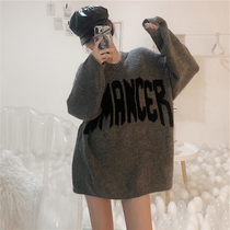 Large size womens clothing age reduction thin Western style sweater womens loose round neck lazy wind in the long section to keep warm outside the clothing trend