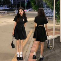 2022 New College Wind Little Black Dress Design Feminists Black polo French style Tea hysteria Dress Women Summer