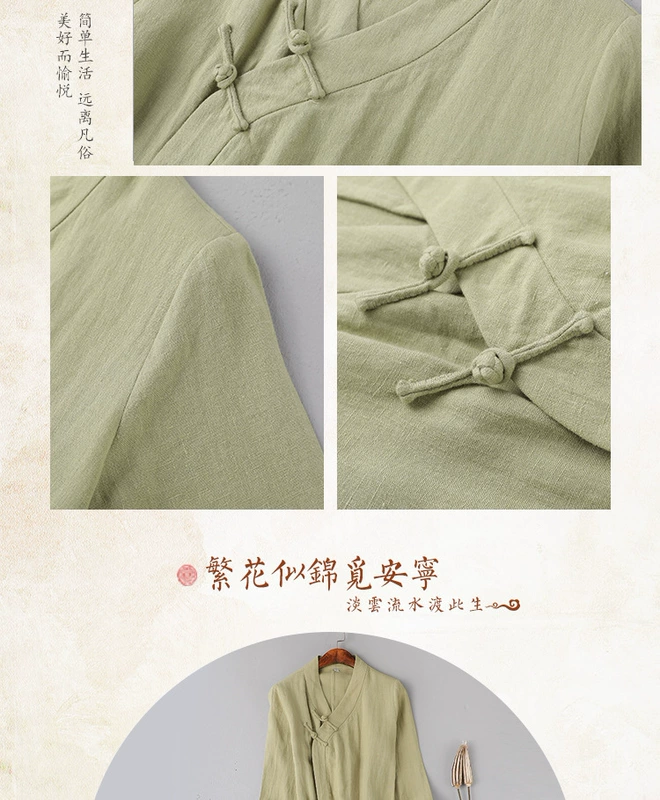 Cải tiến Hanfu phong cách Trung Quốc cotton và vải lanh khóa đĩa sườn xám dài phù hợp với Tang Phù hợp với váy cổ chữ V Bộ đồ trà Zen Quần áo phụ nữ retro - váy đầm