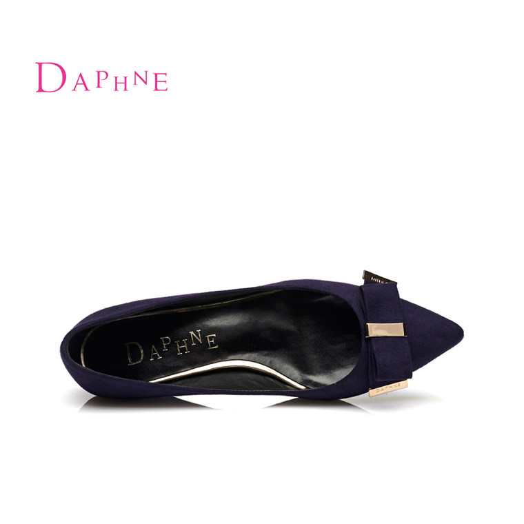 Daphne/达芙妮2015专柜新品 时尚坡跟浅口单鞋蝴蝶结尖头套脚女鞋