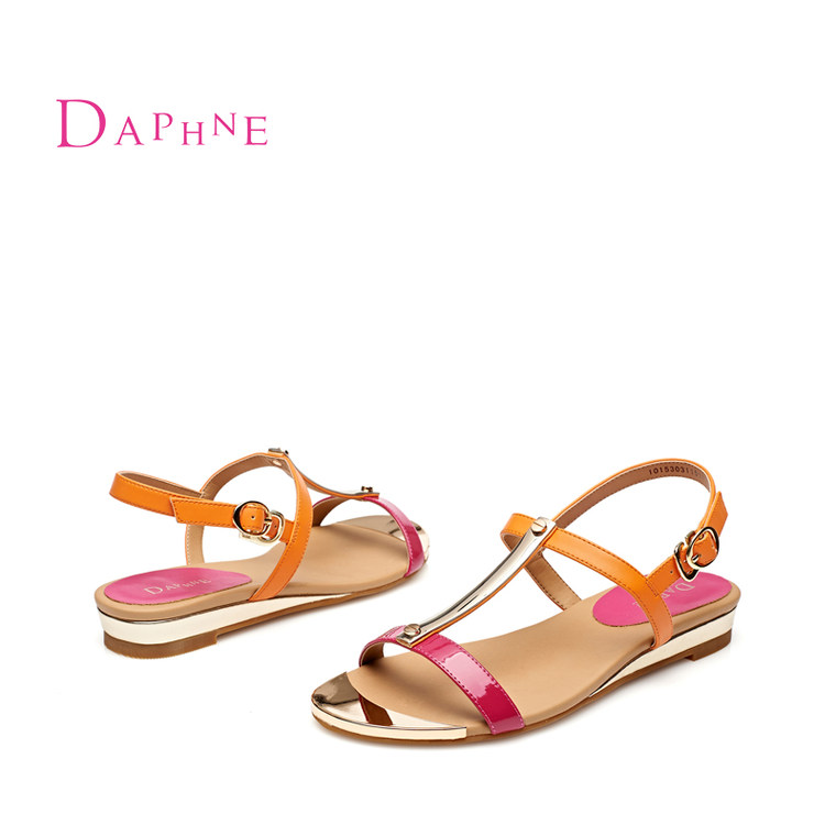 Daphne/达芙妮2015夏季新款 低跟坡跟拼色一字扣女凉鞋1015303115