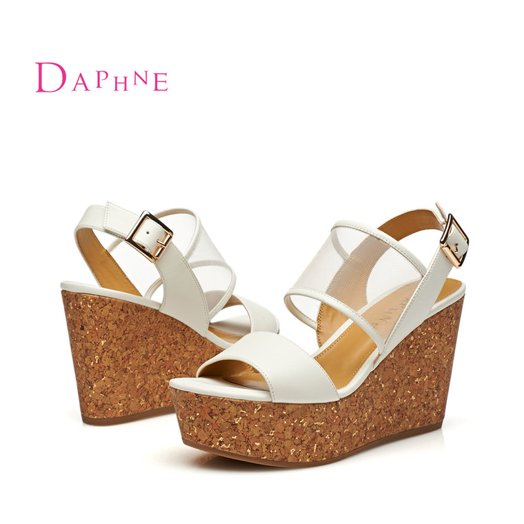 Daphne/达芙妮2015夏季简约搭扣高跟网纱凉鞋 性感防水台坡跟女鞋