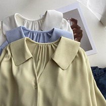 Nine buckle large size womens clothing early spring new lantern sleeve doll collar shirt fat mm temperament neck long top 118