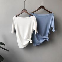 Nine buckle plus size womens fat plus size knitted short-sleeved T-shirt summer slim one-word collar solid color base T-shirt 536