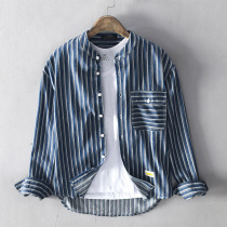 European and American trendy striped shirt men long sleeves ruffled loose casual blouse 100 hitch full cotton stand lining jacket