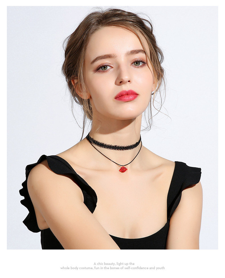 戴拉 红唇蕾丝双层锁骨颈链女 欧美气质时尚性感chocker颈带项链