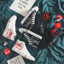 High-help canvas shoes female ins Super fire Korean version of English embroidered Harajuku student canvas shoes female Hong Kong style flat shoes