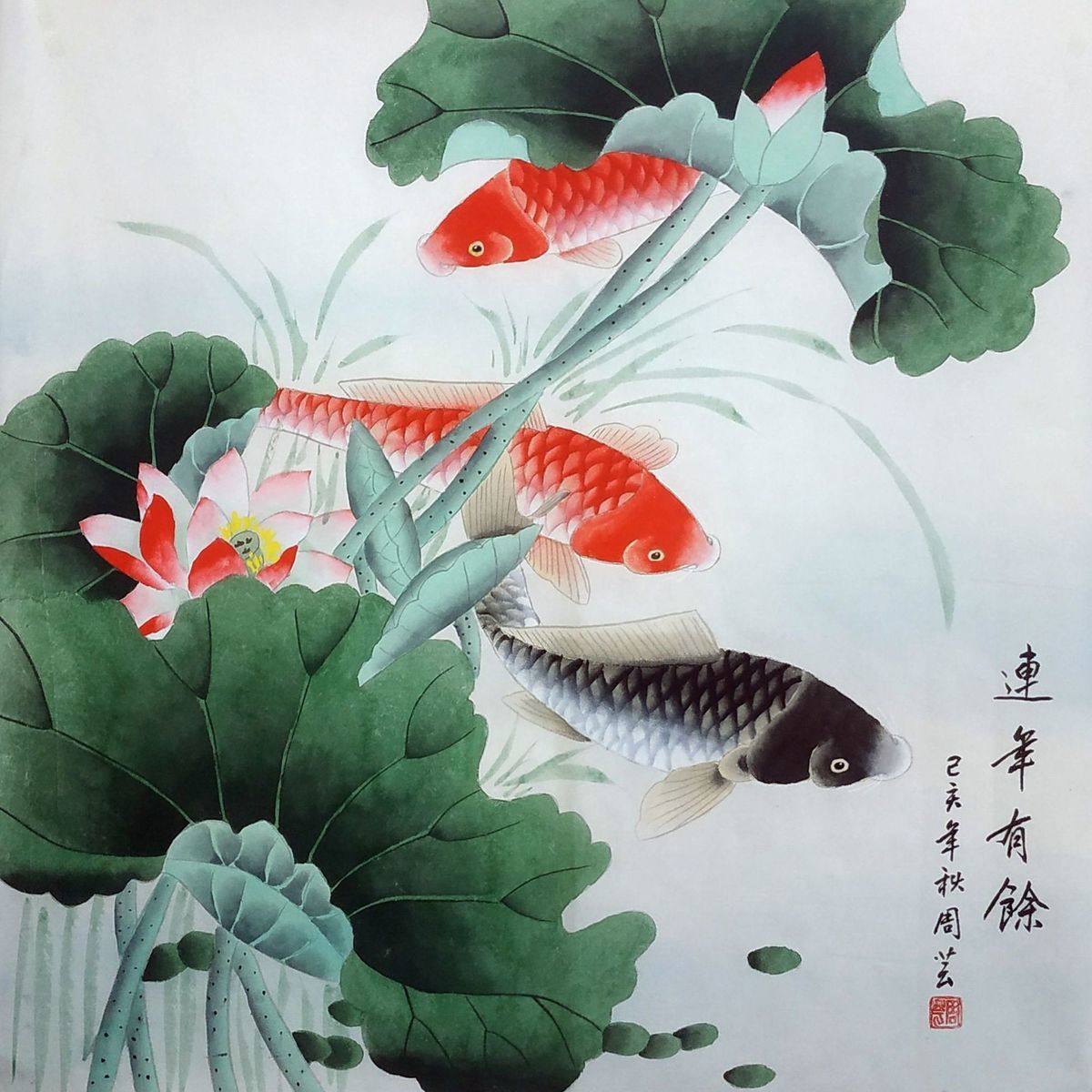 国画成品工笔画三尺斗方荷花鱼连年有余纯手绘真迹装饰画未装裱