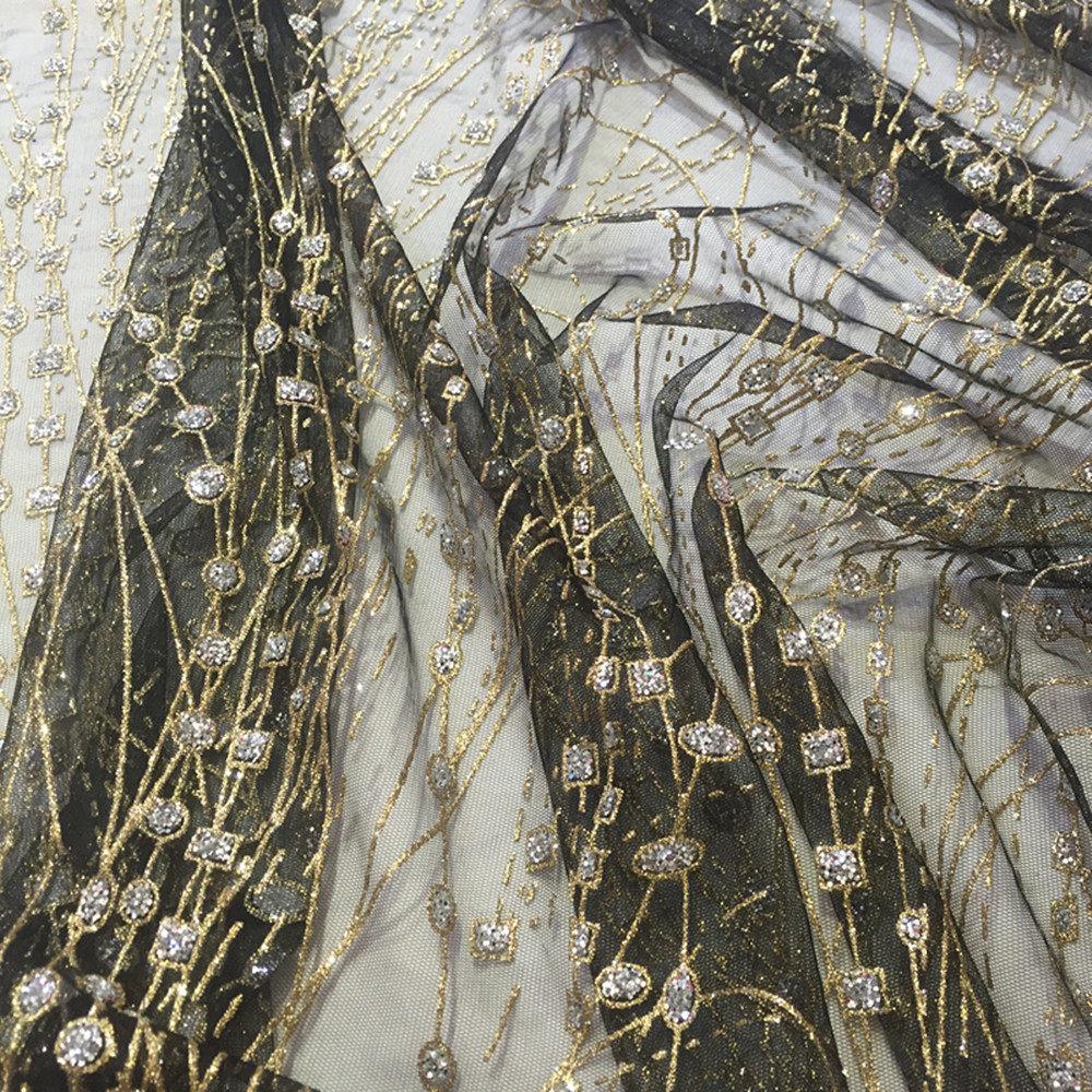 奢华 藏蓝色 烫珠片亮片刺绣网纱透 礼服婚庆舞台演出服装diy布料