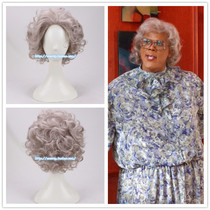 Old lady Martial silver grey flowers grey short curly hair Old Grandma Stage Performance Wig High Temperature Silk Headgear